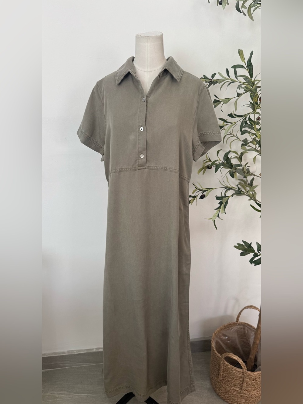 Valerie Stevens Petite 100% Tencel Lyocell Maxi Shirt Dress Olive Green PL Casua